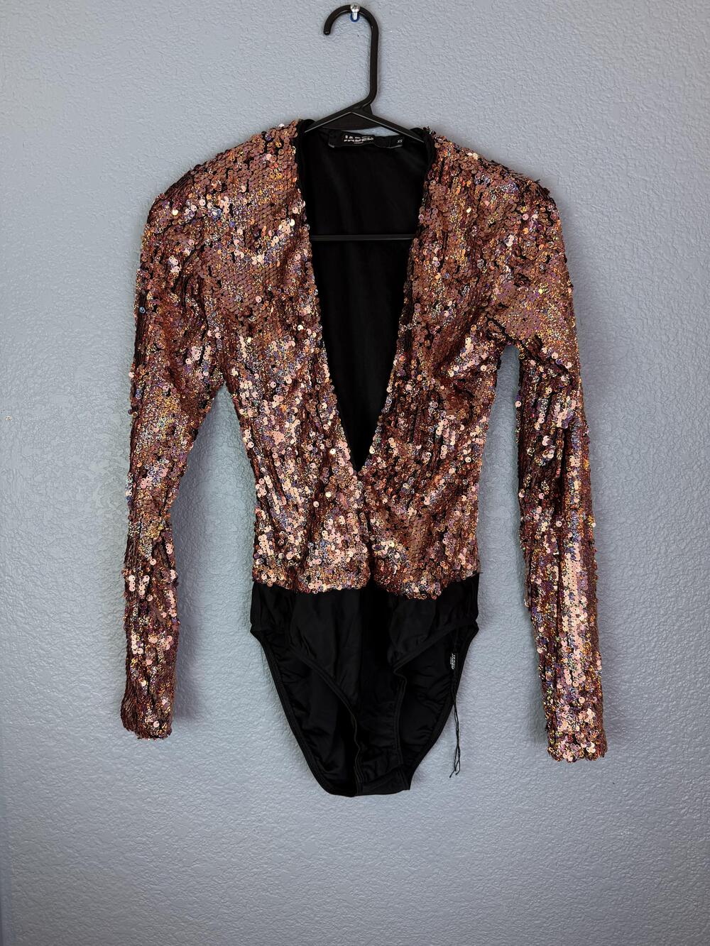 Jaded London Sequin Bodysuit Womens XS Rose Gold Long Sleeve Deep V Party Glam